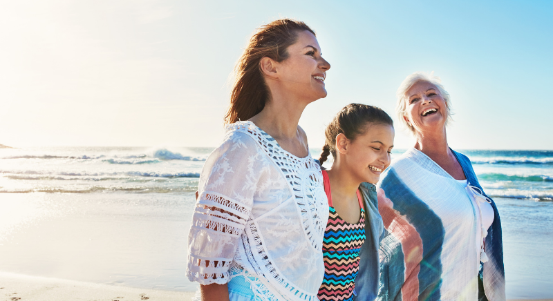 Three women walking on a beach