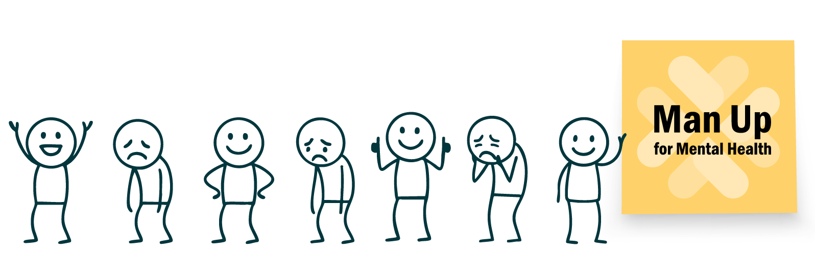 Stick figure people experience different emotions with a post it note that says "Man Up for Mental Health"